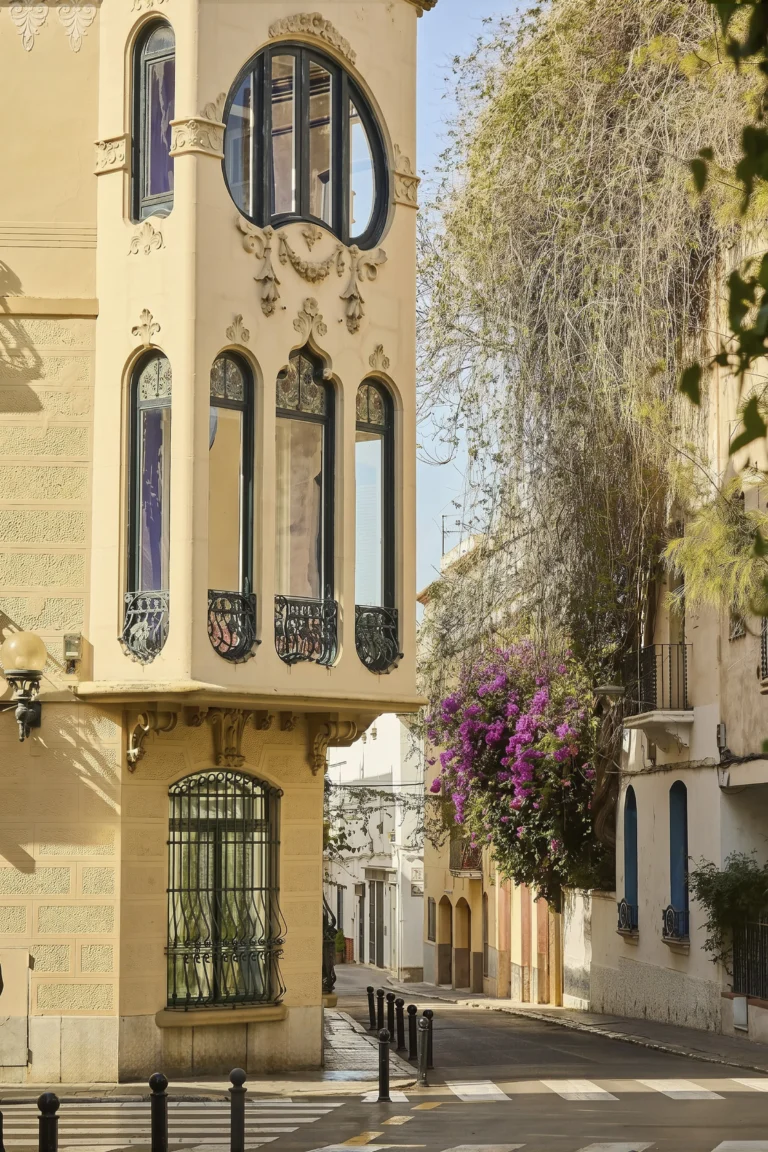 Modernist facade of the Americanos houses in Sitges, with wrought iron windows and bougainvillea flowers