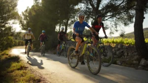 Een groep fietsers fietst over een pad door wijngaarden